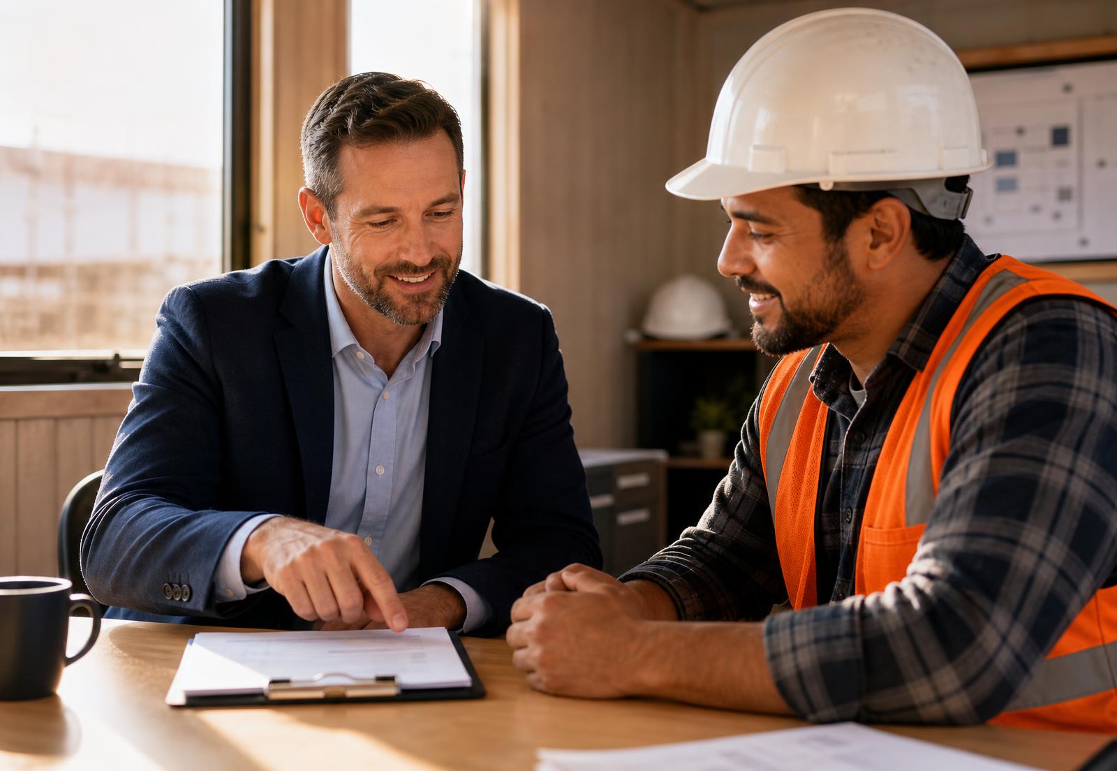 Financial advisor reviewing paperwork with a construction contractor in a job-site trailer